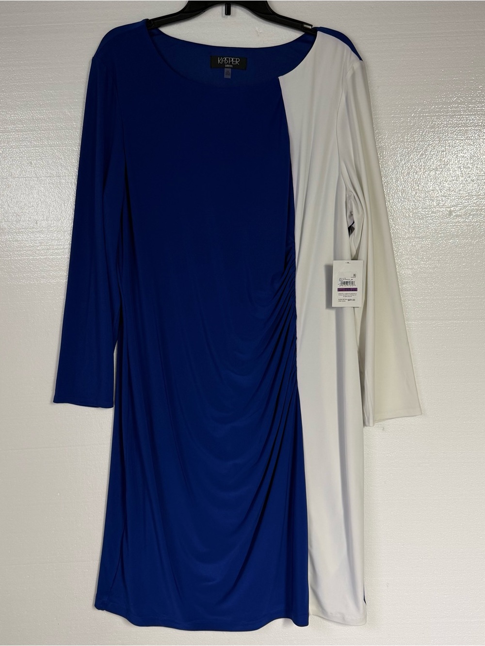 Kasper Dress Women Size XXL Royal Blue White Colorblock Ruched Long Sleeve Dress